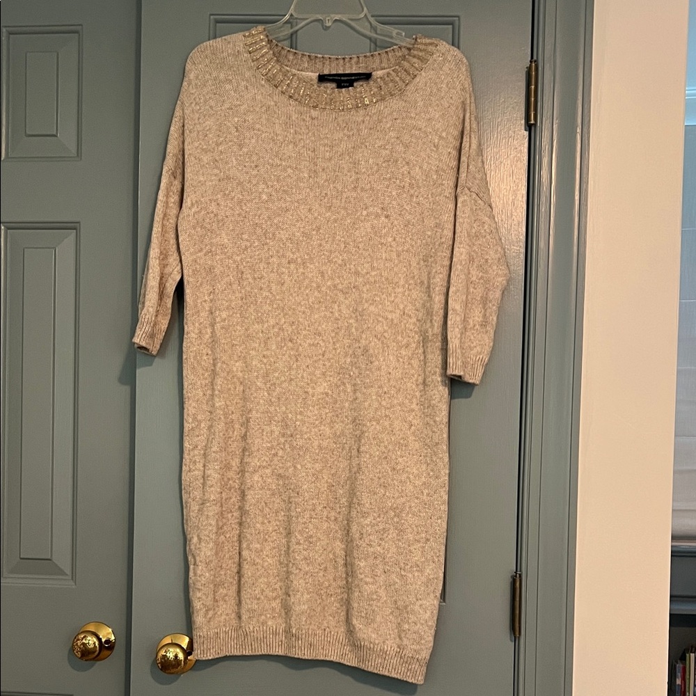 French Connection Beige Textured Sweater with Gold Neckline